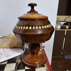 Handcrafted Wooden Pedestal Bowl with Lid and Inlay Details